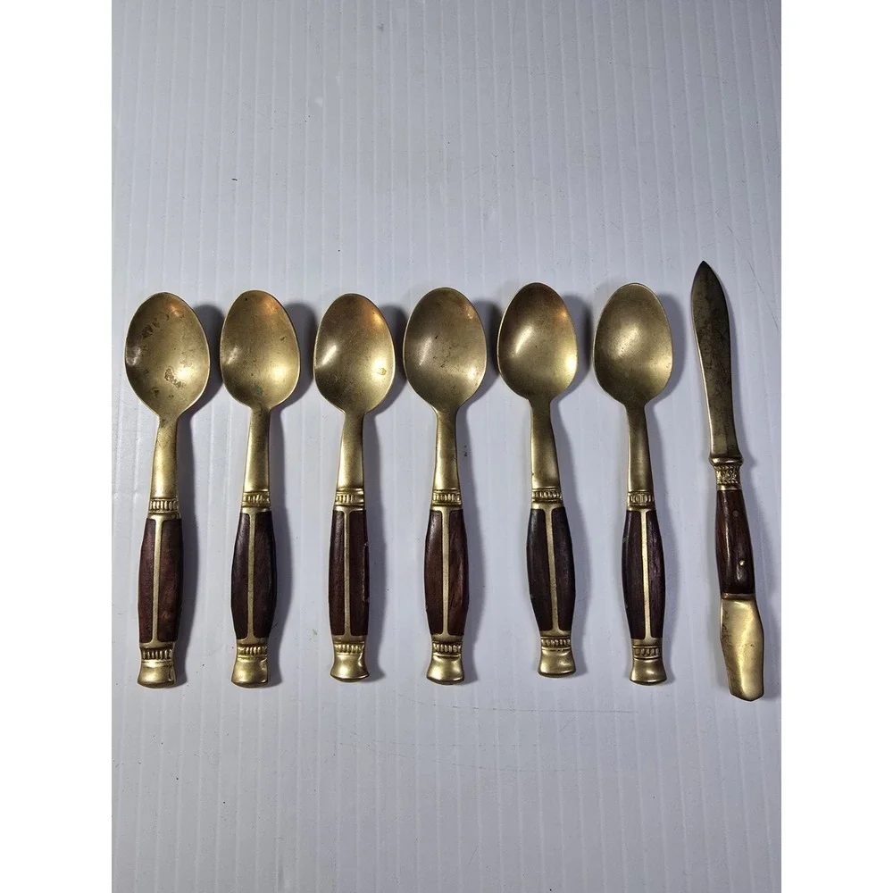 6 Thailand Brass/ Bronze Tea spoons with Teak Handle And Matching Letter Opener